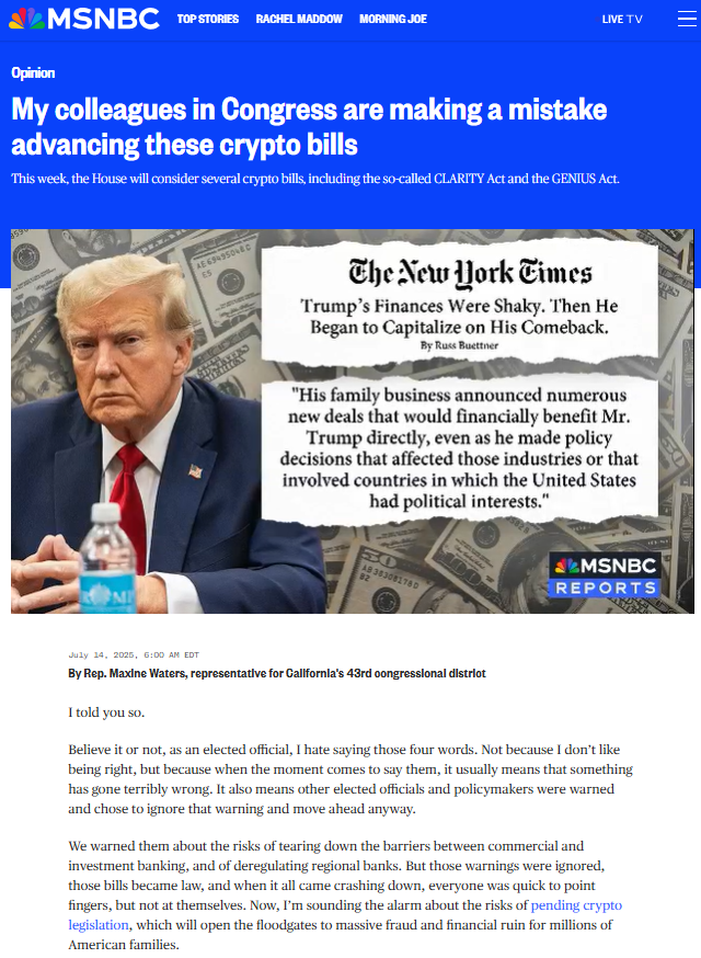 USHouseFSC's tweet image. On Day 2 of Anti-Crypto Corruption Week, Ranking Member @RepMaxineWaters blasts GOP crypto bills in an @MSNBC op-ed, warning they don’t just fail consumers—they legalize Trump’s billion-dollar crypto grift & open the door to the next financial crisis.
🔗: msnbc.com/opinion/msnbc-…