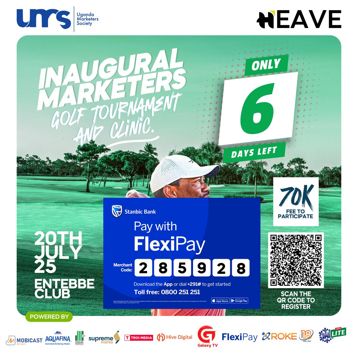 INAUGURAL MARKETERS GOLF TOURNAMENT AND CLINIC
Date: 20th July 2025

Make your payment now
- Momo Pay:650434
- Airtel Money Pay: 4356393
- FlexiPay: 285928

SCAN TO REGISTER