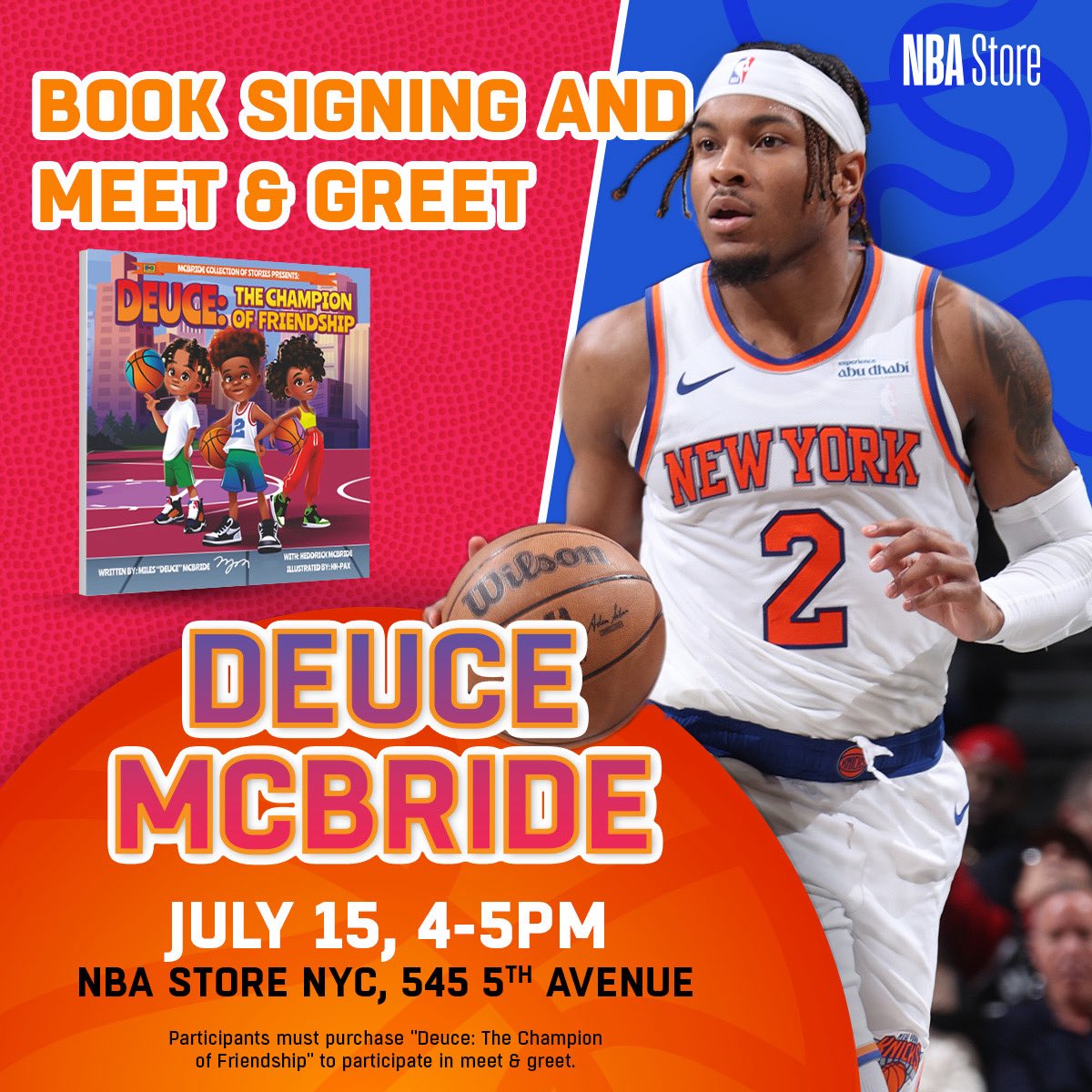 NBASTORE's tweet image. From the court to the page 📖 Meet @deucemcb11 at NBA Store NYC TOMORROW for an exclusive book signing of his new children's book "Deuce: The Champion of Friendship"!