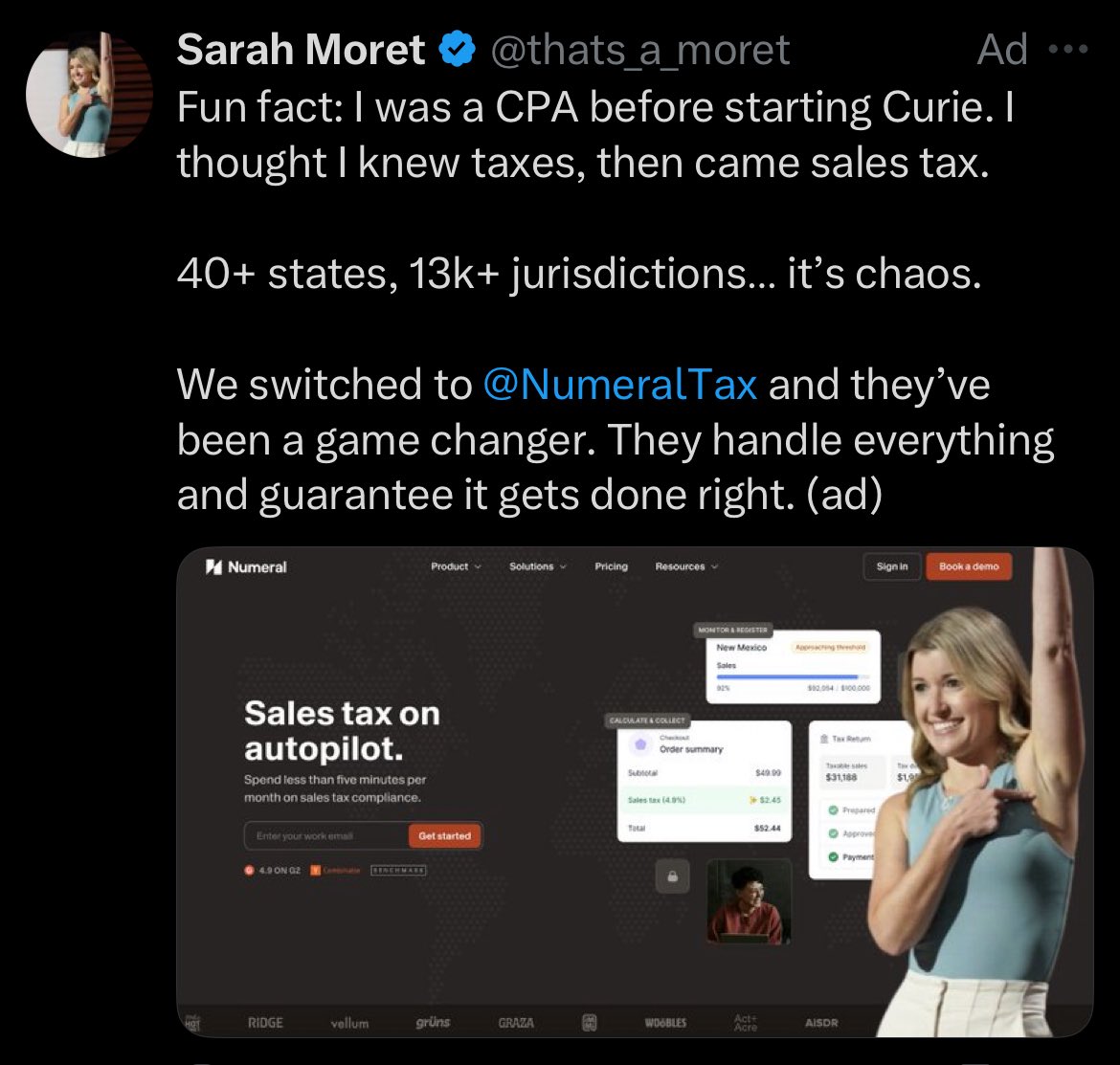 I’ve been served this ad a number of times, which is useless targeting

can somebody tell me why she’s pointing at her armpit and what it has to do with taxes?