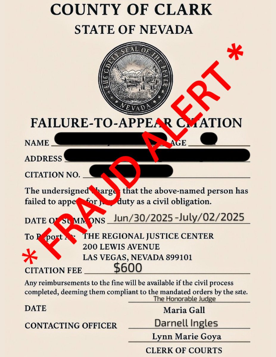#ScamAlert🚨 

Clark County is making the public aware to be on the lookout for a failure-to-appear citation that is being sent out. This is a scam, the County Clerk does NOT issue citations. People should NOT pay if they receive this fraudulent notice.