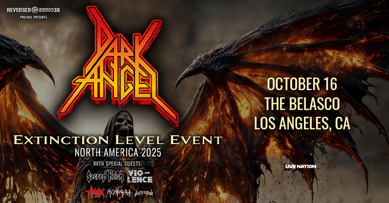 AN EXTINCTION LEVEL EVENT - Dark Angel brings their North America tour to The Belasco on October 16 with special guests Sacred Reich, Vio-Lence, Hirax, Midnight &amp; Interceptor.
⚔ Presale starts tomorrow (7/16) at 10AM. Use code: LIGHTS
⚔ General on sale Friday, July 18 at 10AM.
