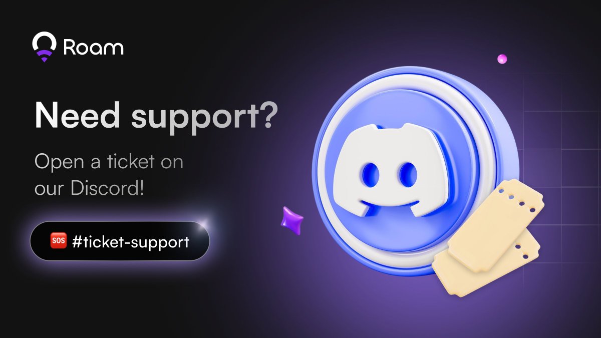 weRoamxyz's tweet image. Need Support with the Roam App? Contact Us!

If you have questions, run into issues, or need guidance, here’s how to contact our support team and get the help you need:

1⃣ Join our Discord: discord.com/invite/roam
2⃣ Complete verification and go to # ticket-support
3⃣ Share your…