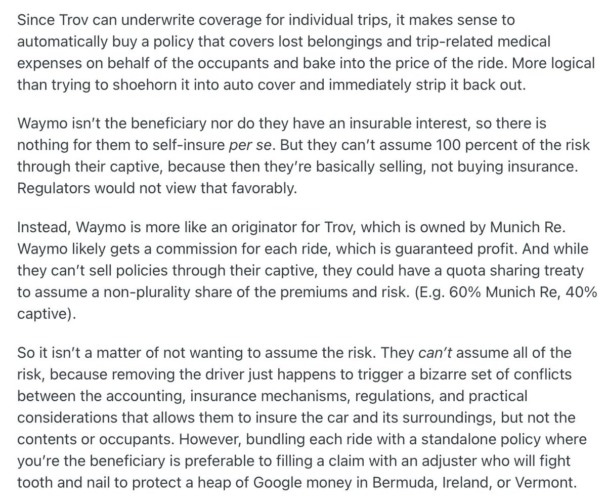 It seems like many SaaS startups are selling "trusted" AI labor without any real guarantees. This seems unlikely to last. 

All Waymo rides come insured against rider harms. Scaled AI labor will inevitably do the same. 

Kimi found a reddit post explaining how Waymo insurance