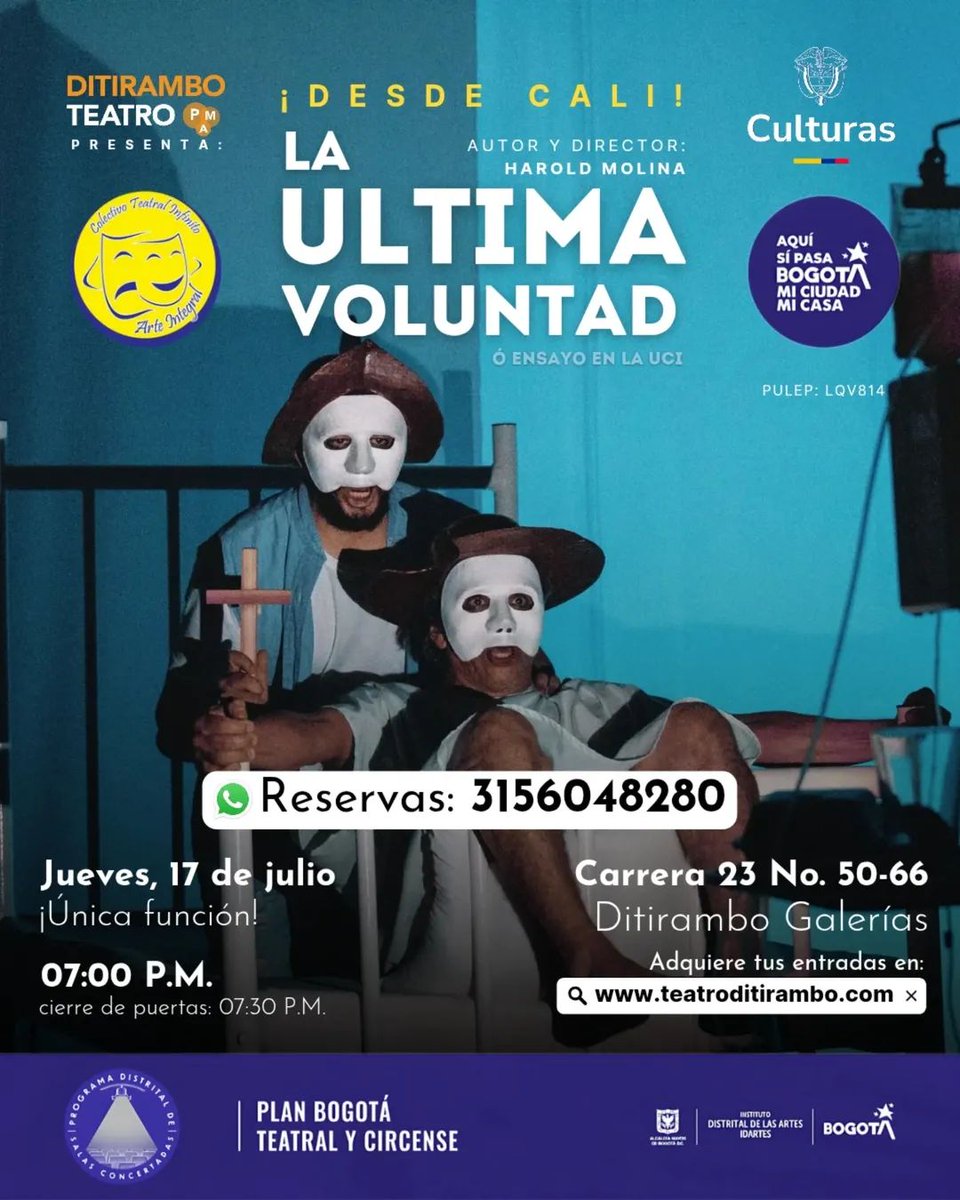 #Imperdible desde Cali <a href="/FundacionCTI/">COLECTIVO TEATRAL INFINITO</a> 
¡Porque lo mejor de las artes siempre está en Ditirambo!!! 
#Reserva ya tus entradas #WhatsApp 315 6048280 
<a href="/idartes/">Idartes</a>