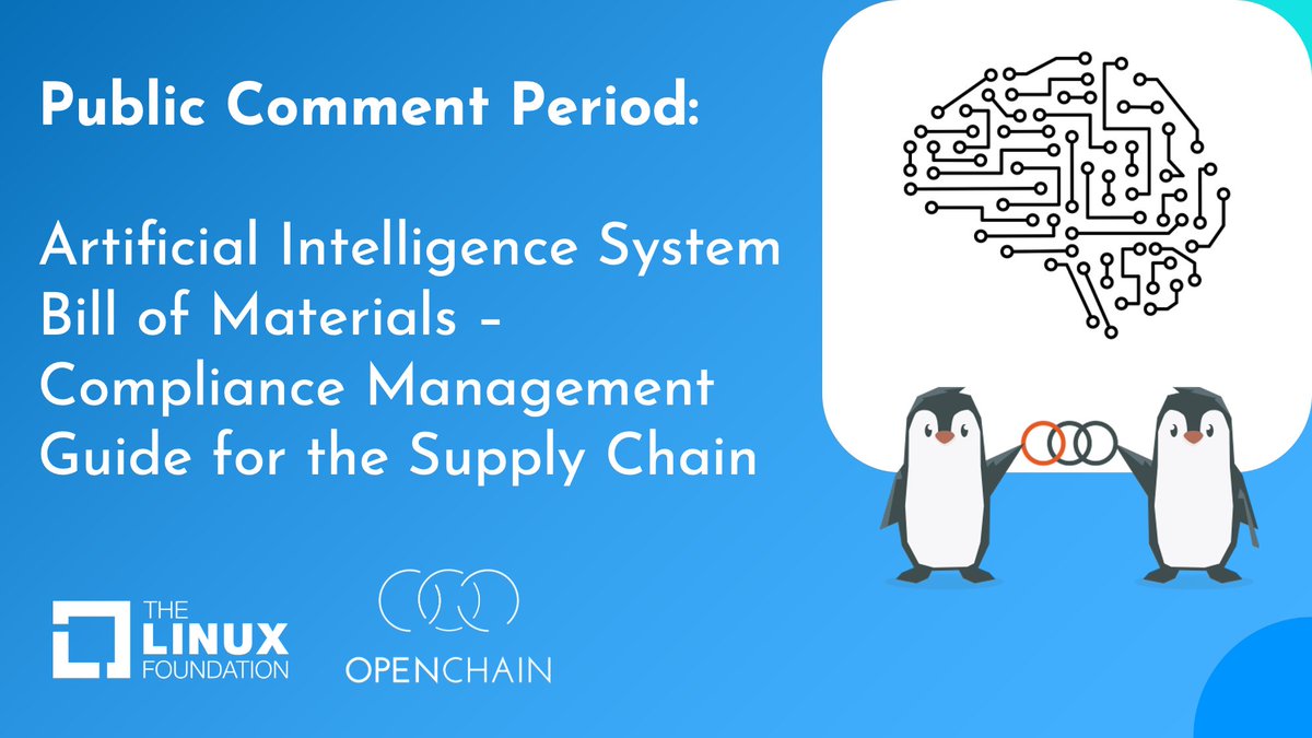 openchainproj's tweet image. 📣 Public Comment Period: Artificial Intelligence System Bill of Materials – Compliance Management Guide for the Supply Chain
👉 Identify process points for AI compliance
We request feedback by 2025-08-18 AT 04:00 PDT / 11:00 UTC / 13:00 CEST / 20:00 JST
hubs.la/Q03xcb760