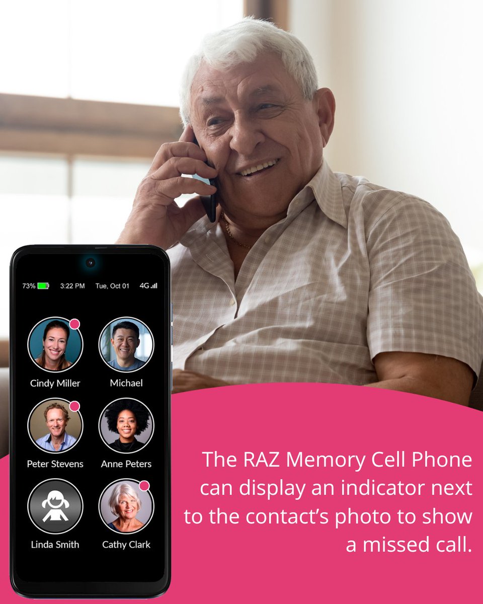 Seniors with memory loss or low vision often don’t realize they missed a call. And navigating a call log? That’s out of the question.

The RAZ Memory Cell Phone makes it simple: if someone tries to call, a dot appears next to that contact’s photo on the home screen. No searching,