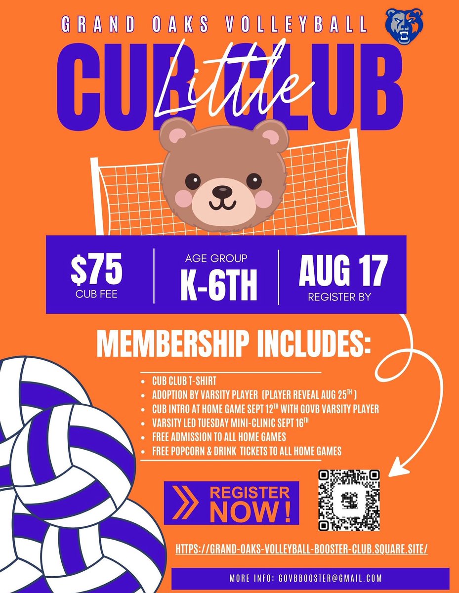 grandoaksvb's tweet image. 🚨CALLING ALL OUR K-6TH GRADE FUTURE GRIZZLIES🚨 Come join us for one of our favorite traditions and be a part of our Little Cub Club for the 2025 season! Registration ends 8/17 🧡💙
