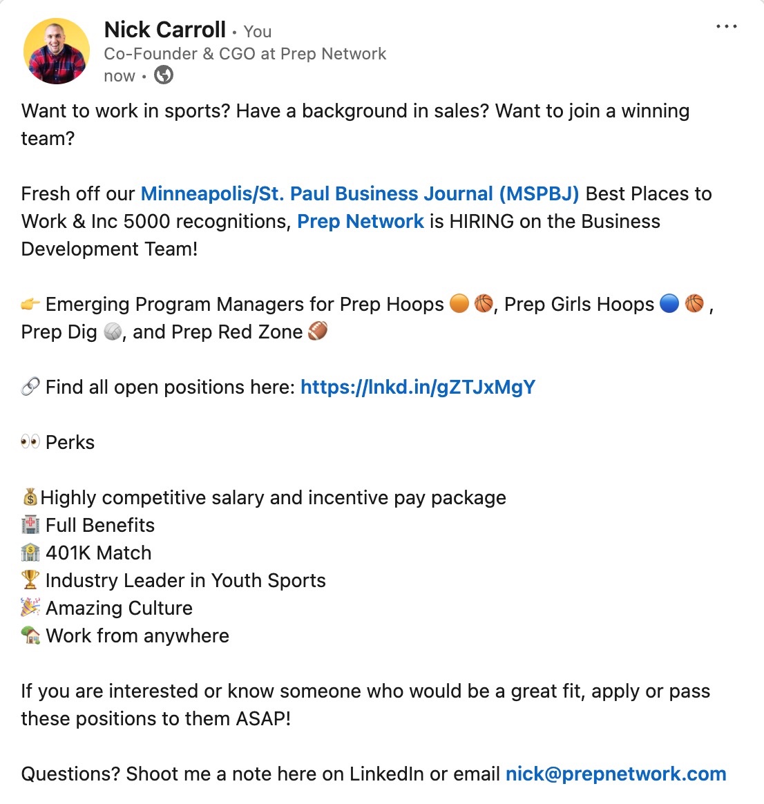 PrepHoopsNick's tweet image. 📣 We’re Hiring @PrepNetwork_
We are adding all-stars to our growing business development team.
If you love the idea of working in sports, have a background in sales, and want to join an industry leader, we have you covered 🤝
Opportunity awaits 👇
🔗 prepnetwork.com/our-careers/#c…