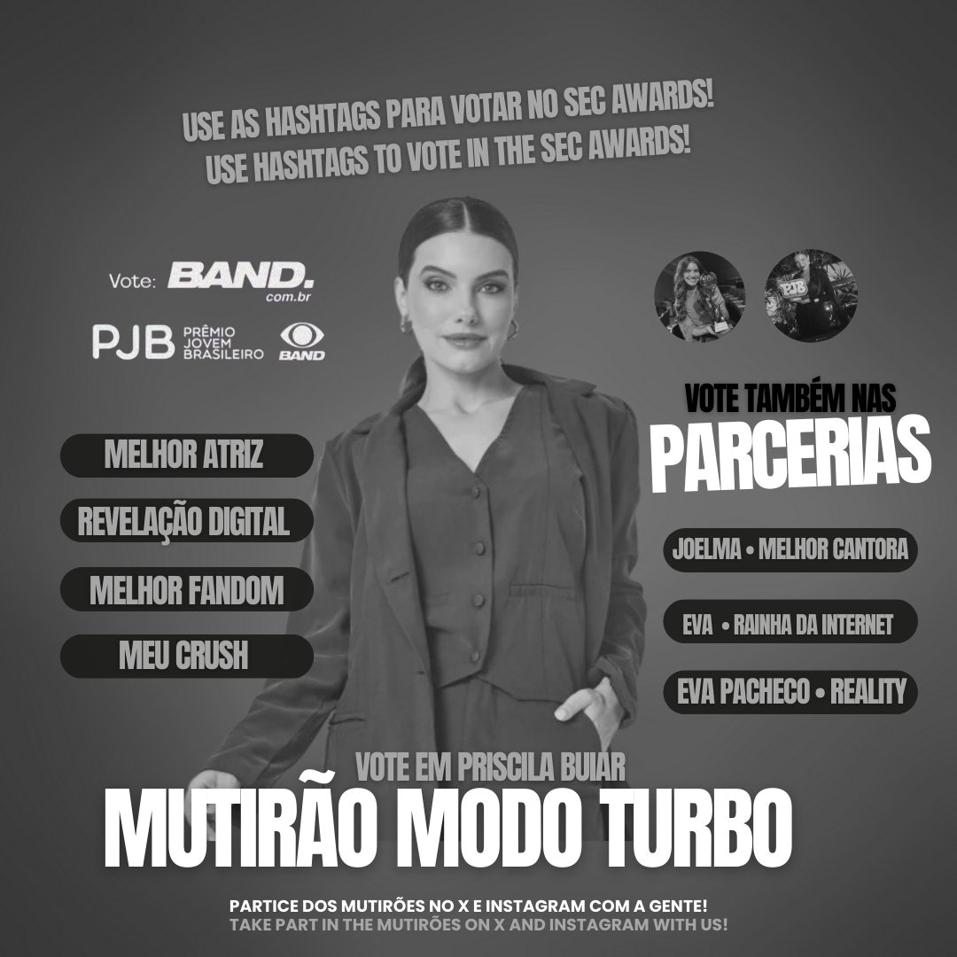 MUTIRÃO MODO TURBO 🤖⚡

📱Use as hashtags para votar no SEC #PriscilaBuiar #DestaqueSocial #SECAwards

✅ A cada 10 votos no PJB, comente um emoji com as hashtags.

⏰ Meta de 1.500 comentários