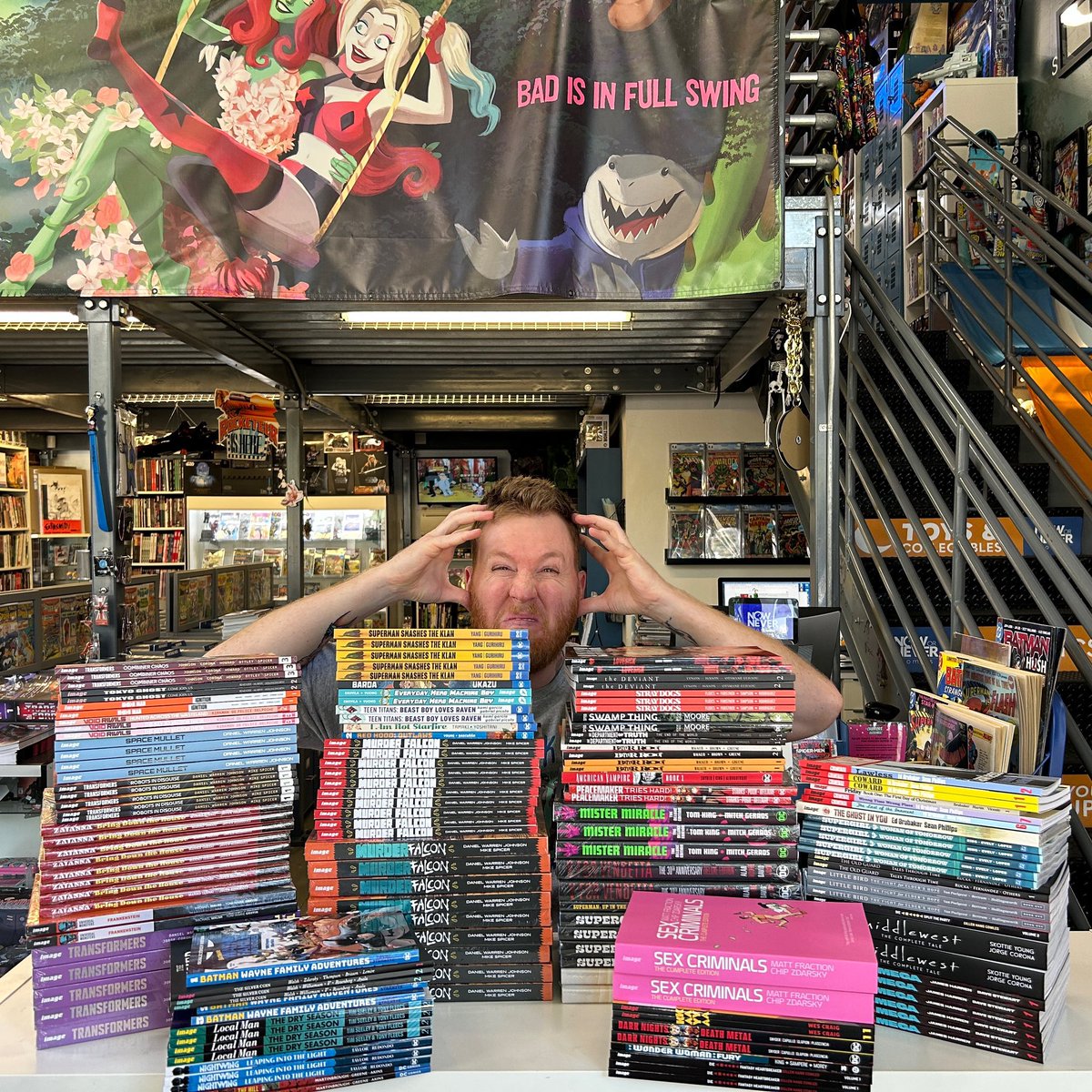 NowOrNeverComic's tweet image. Huge trade restocks are happening! This is like 1 of 5 big honkin’ shipments of trades and hardcovers we got in the last few days, and it’s breaking Zach’s brain. But shelves will be PACKED for SDCC!