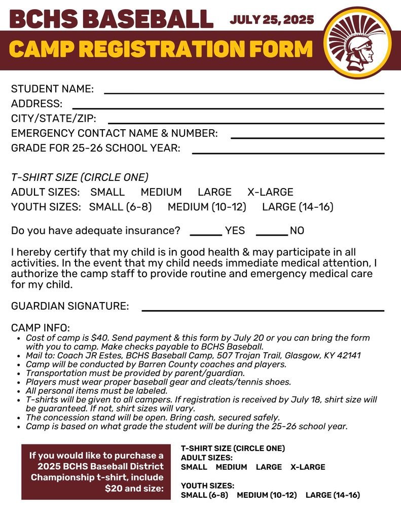 Join us for BCHS Baseball Camp on July 25 from 9am–1pm at Trojan Field — open to all students entering grades K–5! Just $40 covers your t-shirt, snack, and a great day of baseball fun. Walk-ins welcome, but register by July 18 to guarantee your shirt size!