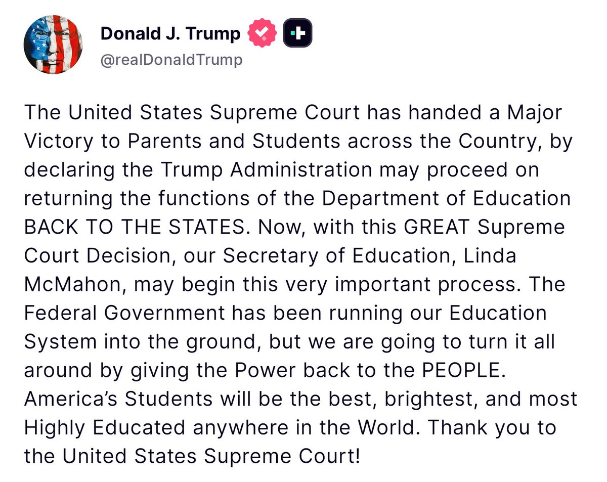 ‼️‼️Knowledge = Power‼️‼️
🦅🇺🇸A Message from Our President🇺🇸🦅

The United States Supreme Court has handed a Major Victory to Parents and Students across the Country, by declaring the Trump Administration may proceed on returning the functions of the Department of Education BACK