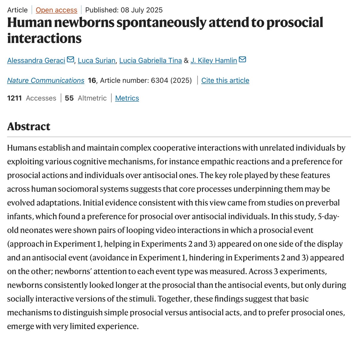 SteveStuWill's tweet photo. At just 5 days old, human newborns prefer watching helpful interactions to unhelpful ones. This suggests that prosociality may be part of our evolved nature. https://t.co/q04IPytJi2 https://t.co/dmdVTgsi29