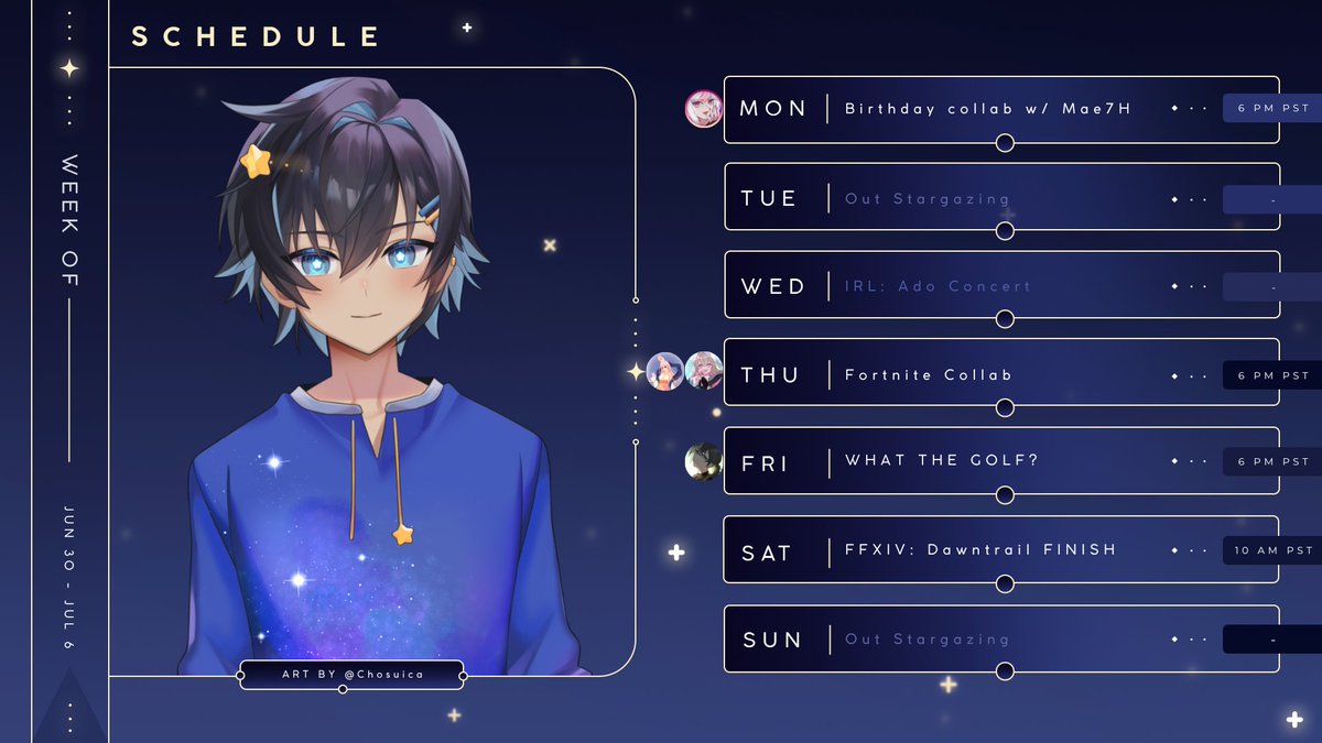 Ryusei๐ซSolaris (@ryuseisolaris) on Twitter photo ๐Stream Schedule Jun 14 - Jul 20๐
Getting back into things! A lot of collabs this week!
M: Birthday stream #JustChatting and #League or #Valorant w/ @mae7H
Th: #Fortnite w/ <a href="/DXJ1822/">Xiaojia | ๐๐ฐ | EngVtuber</a>, <a href="/StellinaMaris_/">StellinaMaris ๐ท๐ค bunny princess vtuber</a>
F: #WHATTHEGOLF w/ @Vennobi
Sat: #FFXIV #DAWNTRAIL MARATHON FINALE ๐Stream Schedule Jun 14 - Jul 20๐
Getting back into things! A lot of collabs this week!
M: Birthday stream #JustChatting and #League or #Valorant w/ @mae7H
Th: #Fortnite w/ <a href="/DXJ1822/">Xiaojia | ๐๐ฐ | EngVtuber</a>, <a href="/StellinaMaris_/">StellinaMaris ๐ท๐ค bunny princess vtuber</a>
F: #WHATTHEGOLF w/ @Vennobi
Sat: #FFXIV #DAWNTRAIL MARATHON FINALE