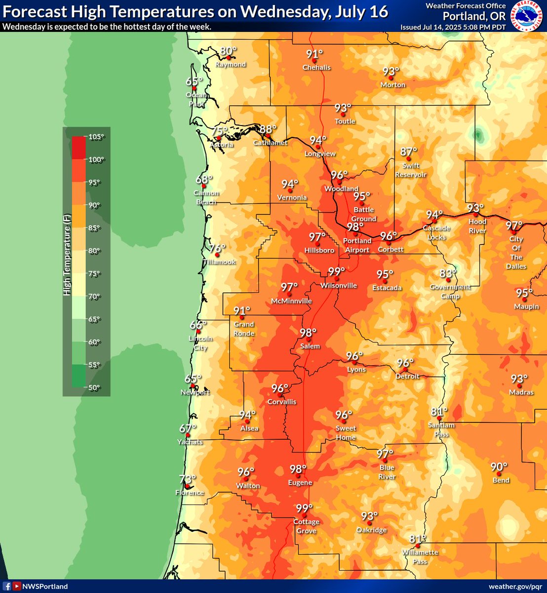NWSPortland's tweet image. Wednesday will be the hottest day of the week with high temps forecast to reach into the mid to upper 90s for inland valley locations. The coast will remain much cooler with highs in the mid to upper 60s, except mid 70s for inland coastal communities such as Astoria & Tillamook.