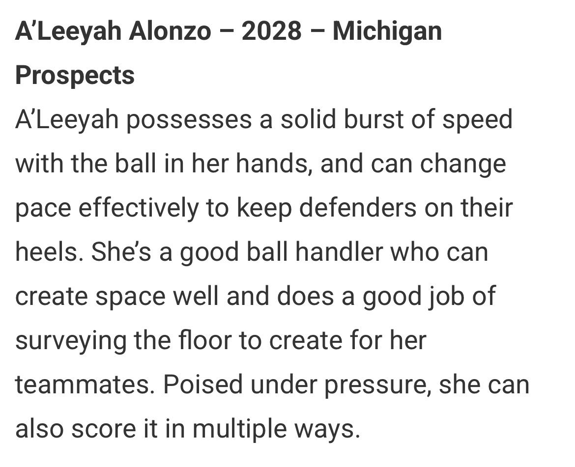 A’leeyah Alonzo (@alonzoaleeyah) on Twitter photo Thank you <a href="/JrAllStarBB/">Jr. All-Star Girls Basketball</a> for the write up!
<a href="/MIprospects/">MichiganProspects</a> 💪🏽 My time @ <a href="/TFNsRun4Roses/">TFN's Run 4 Roses</a> was great. Thank you <a href="/JrAllStarBB/">Jr. All-Star Girls Basketball</a> for the write up!
<a href="/MIprospects/">MichiganProspects</a> 💪🏽 My time @ <a href="/TFNsRun4Roses/">TFN's Run 4 Roses</a> was great.