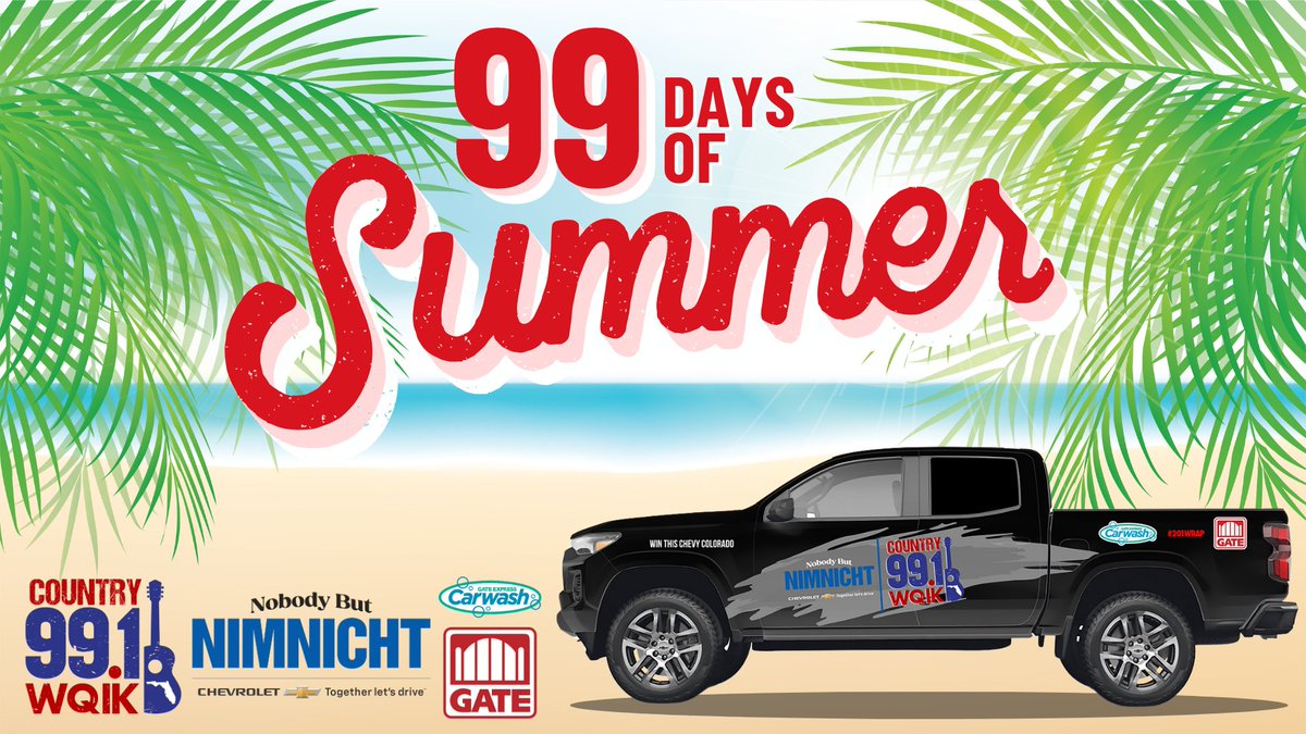 991wqik's tweet photo. The 99 Days of Summer is here and you could be cruising Jax in your Brand New 2025 Nimnicht Chevy Colorado! You'll have 6 chances each weekday through August 21 to win a "key" (entry) that puts you into the drawing! Listen to Country 99.1 WQIK for the keyword to text. https://t.co/WRm13FL1ks