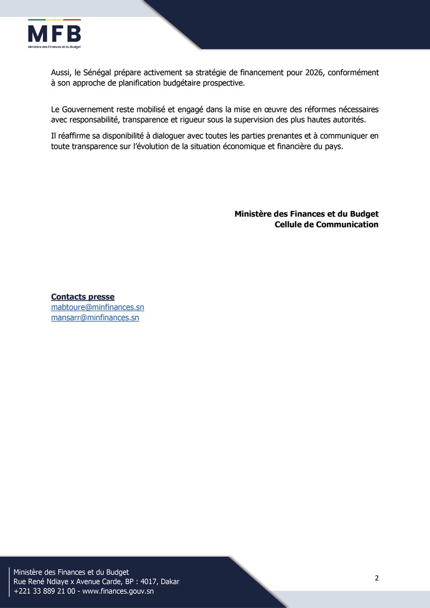 Communiqué de presse
-------------------------
Action de notation de S&amp;P : le Sénégal prend acte et reste engagé sur une trajectoire de consolidation maîtrisée

#Minfinances #MFBSN