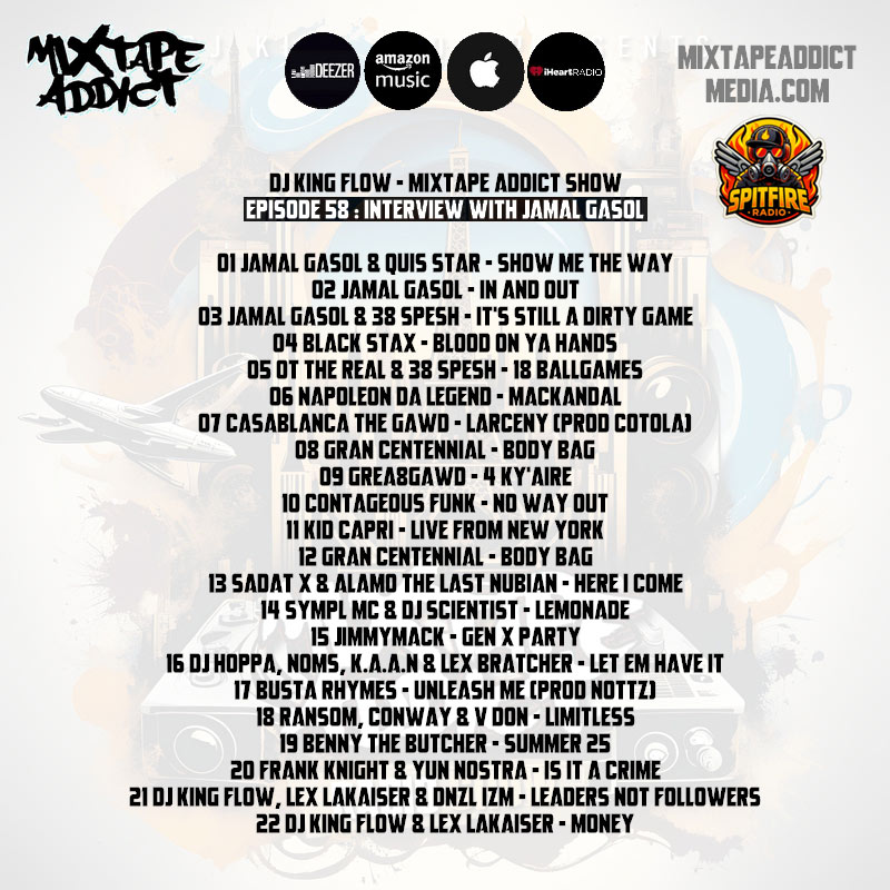SpitFireRadio_'s tweet image. Tonight at 8PM Central
Catch the Mixtape Addict Radio Show with DJ King Flow on Spit Fire Radio! ✨ @DJKingFlow @RealEddyStarks
July 14, 2025 🕗 Time: 8PM - 9PM Central 📻
Listen Live: myksfr.com or www.spitfireradio
Special Guest: Jamal Gasol
