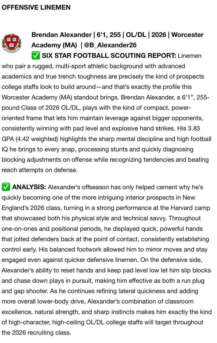 Brendan Alexander (@b_alexander26) on Twitter photo Thank you <a href="/sixstarfootball/">Six Star Football | PLUS+</a> for the amazing write up from the <a href="/HarvardFootball/">Harvard Football</a> camp. Enjoyed competing and canโt wait to finish camp season strong!
<a href="/BandytheCoach/">Jeremy Bandy</a> <a href="/mikegregs57/">Michael Gregoire</a> <a href="/WAfootball1834/">Worcester Academy Football</a> <a href="/JohnsonOLAcad/">Johnson Offensive Line Academy</a> <a href="/NE6FB_Recruits/">NE-Recruits</a> Thank you <a href="/sixstarfootball/">Six Star Football | PLUS+</a> for the amazing write up from the <a href="/HarvardFootball/">Harvard Football</a> camp. Enjoyed competing and canโt wait to finish camp season strong!
<a href="/BandytheCoach/">Jeremy Bandy</a> <a href="/mikegregs57/">Michael Gregoire</a> <a href="/WAfootball1834/">Worcester Academy Football</a> <a href="/JohnsonOLAcad/">Johnson Offensive Line Academy</a> <a href="/NE6FB_Recruits/">NE-Recruits</a>