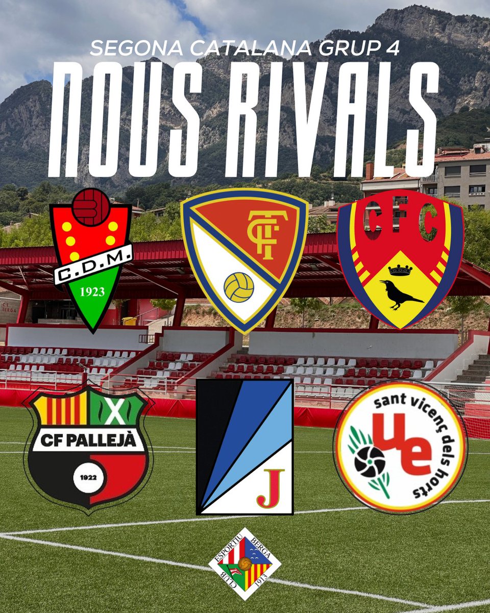 🆕 NOUS RIVALS, NOUS REPTES

🧭 Aquesta temporada ens enfrontarem a:

▪️ CD Montcada
▪️ Terrassa FC "B"
▪️ CF Corbera
▪️ CF Pallejà
▪️ Junior FC
▪️ UE Sant Vicenç dels Horts

🔥 Nous escenaris, mateixa ambició.

#CEBerga #SomBerga
#futbolcat | #2cat4
#juntssommésforts ❤️🤍