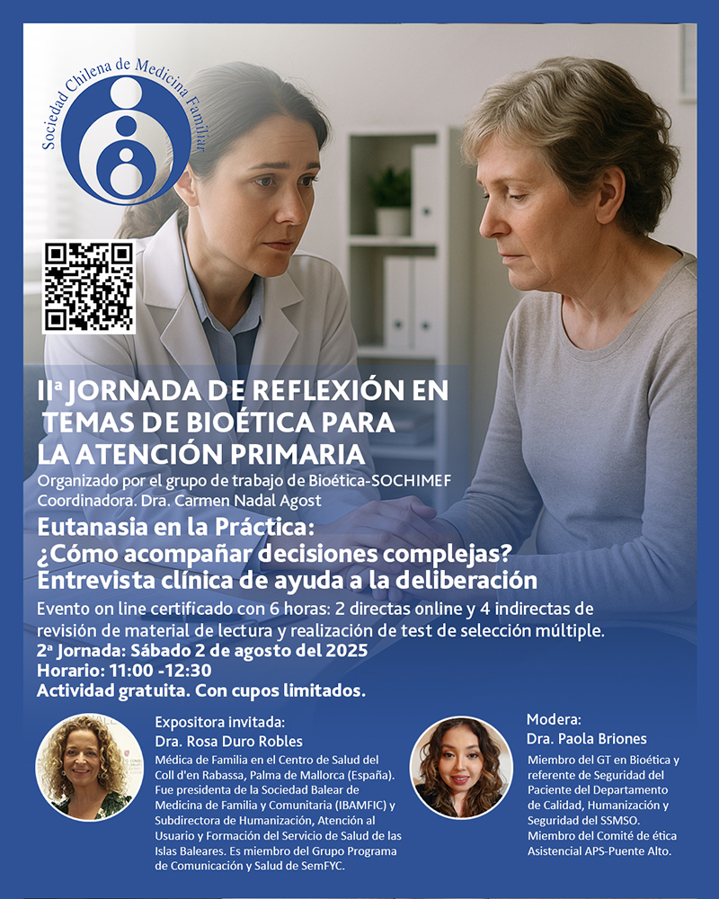 IIa Jornada de reflexión en temas de Bioética para la Atención Primaria
“Eutanasia en la Práctica: ¿Cómo acompañar decisiones complejas? Entrevista clínica de ayuda a la deliberación”
Sáb 2 de agosto 2025 | 11:00 am -12.30 pm
Inscripciones: forms.gle/Yok2KCPAQy2pVd…

#Bioética #MF