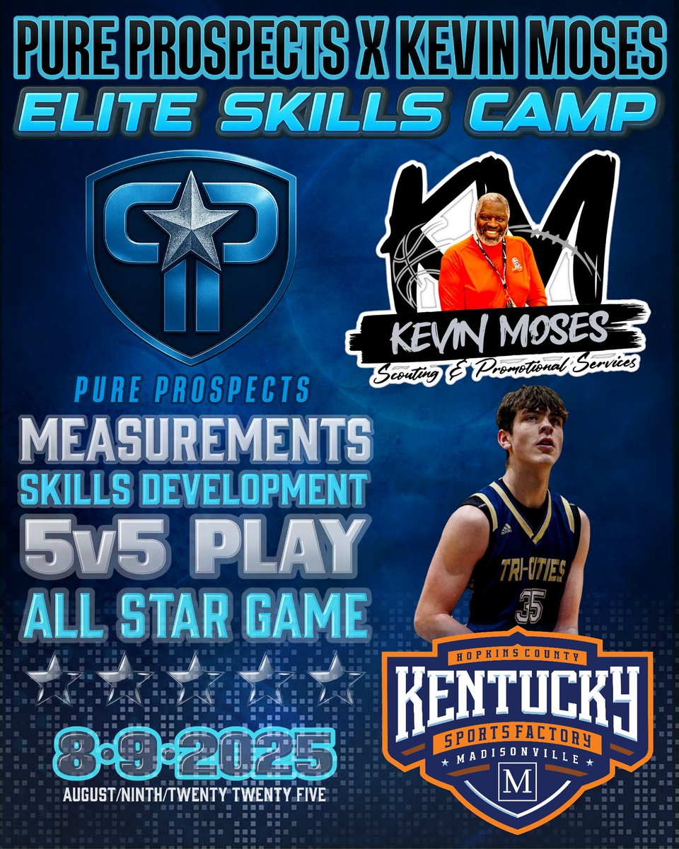 🎉 Registration Now Open! 🎉
🏀 Pure Prospects x Kevin Moses Elite Skills &amp; Exposure Camp 🏀

📅 August 9th | 10 AM – 3 PM
📍 The Sports Factory – Madisonville, Kentucky
(💰 Brand-new, $20 million facility featuring 6 full courts!)

One of the biggest basketball exposure events