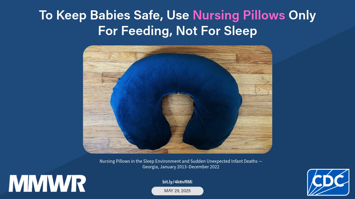 CDCMMWR's tweet image. A report published in May described 84 infant deaths in GA where nursing pillows were commonly found in sleep spaces. Caregivers must know: Nursing pillows are for feeding support only – never for infant sleep. Read more: bit.ly/4k6vRMi