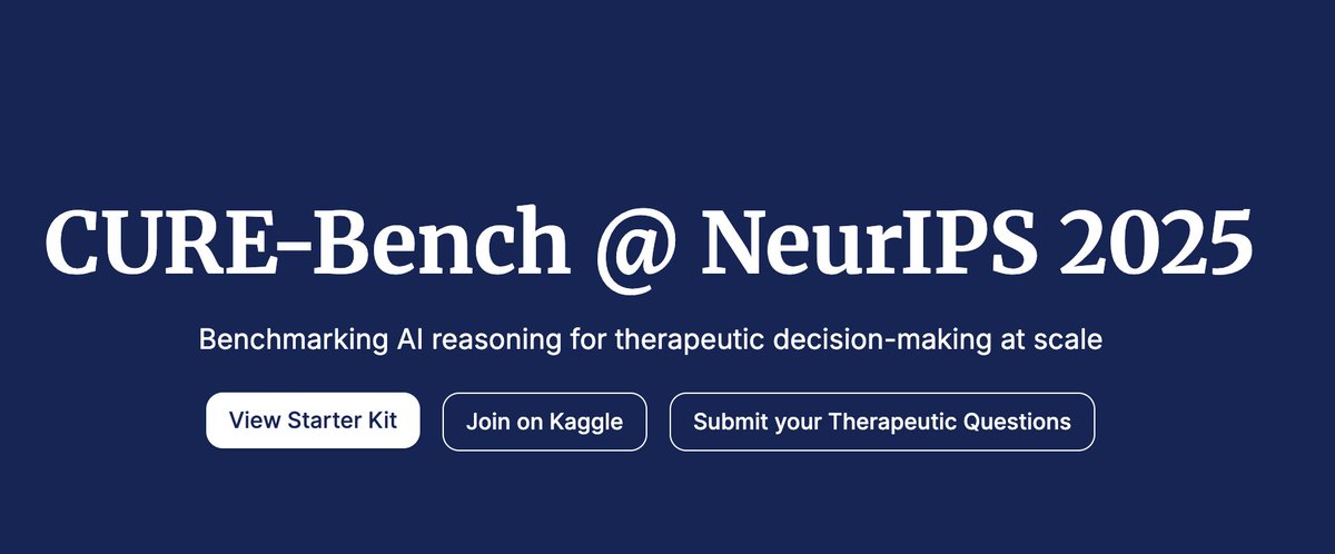 marinkazitnik's tweet image. 📣 Competition launch alert! CUREBench competition at @NeurIPSConf 2025
Start here: curebench.ai
Benchmarking AI for therapeutic reasoning, drug discovery, treatment planning, and therapeutic decision-making
🎯 Track 1: Develop AI models that rely on parametric…