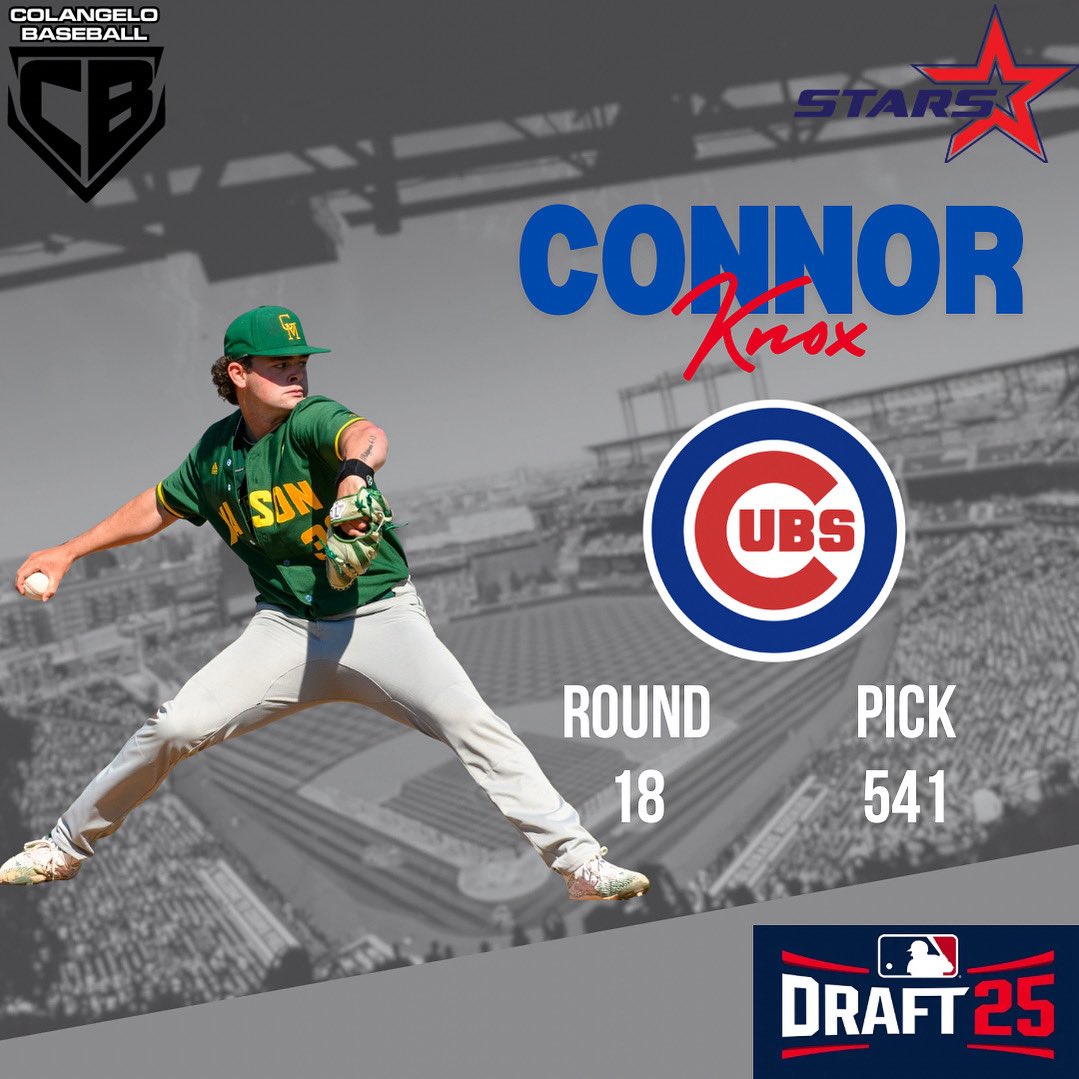 STARSBASEBALLVA's tweet photo. The Windy City welcomes Connor Knox 💨
With the 541st pick in the 2025 MLB Draft, the @Cubs select Stars alum @knoxie_baseball! 🐻⚾️
#StarsInThePros⭐️ | #MLBDraft https://t.co/7WquHUCBBJ