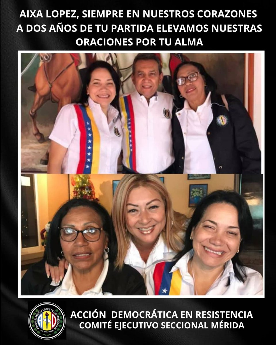 Aixa López, hoy a dos años de tu partida, rendimos homenaje a tu vida ejemplar.
Mujer íntegra, luchadora incansable por la libertad, la democracia y los derechos sociales.
Una adeca de corazón, valiente, firme y leal.
Paz a su alma 🙏.