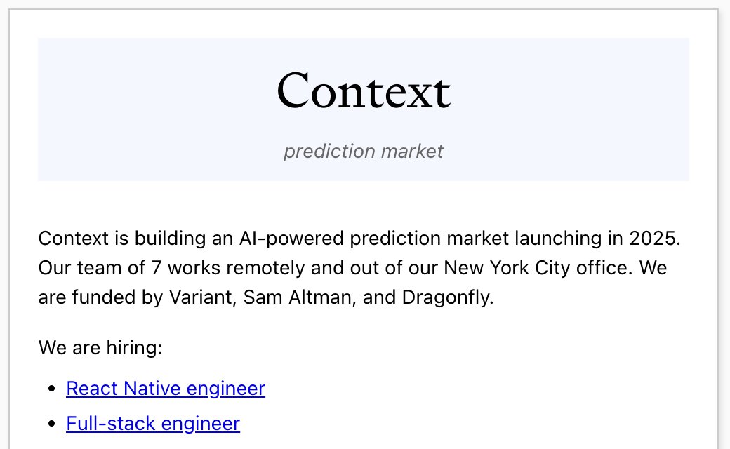 We are building an AI powered prediction market <a href="/context/">Context</a>. Come work with us