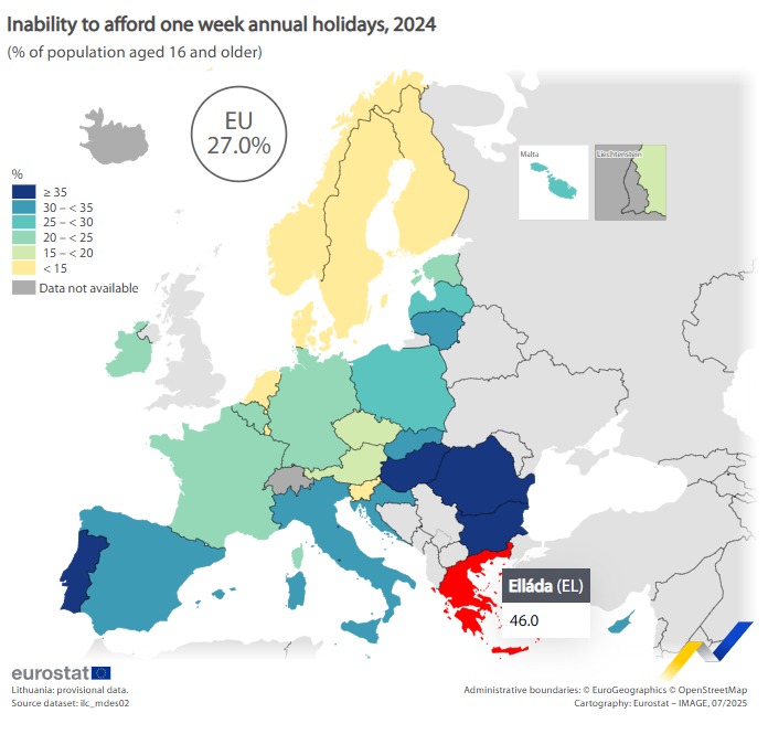 Έλα μωρέ, δε βρίσκεις δωμάτιο πουθενά θα πουν τα γαλάζια τρολ 👇

Τα υψηλότερα ποσοστά ατόμων που δεν έχουν την οικονομική δυνατότητα να κάνουν διακοπές μιας εβδομάδας ετησίως καταγράφηκαν στη Ρουμανία (58,6%), την Ελλάδα (46,0%) και τη Βουλγαρία (41,4%).
ec.europa.eu/eurostat/web/p…
