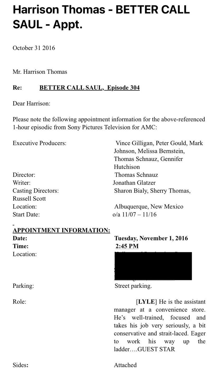 HarrisonThomas_'s tweet photo. Figured some of you #BetterCallSaul fans would appreciate this - the original audition email for Lyle. At the time, it was just one episode. 
Funny enough, this was actually my third audition for the BCS/BB universe. Can you guess the other two roles I went out for? https://t.co/AakHLNLfQo