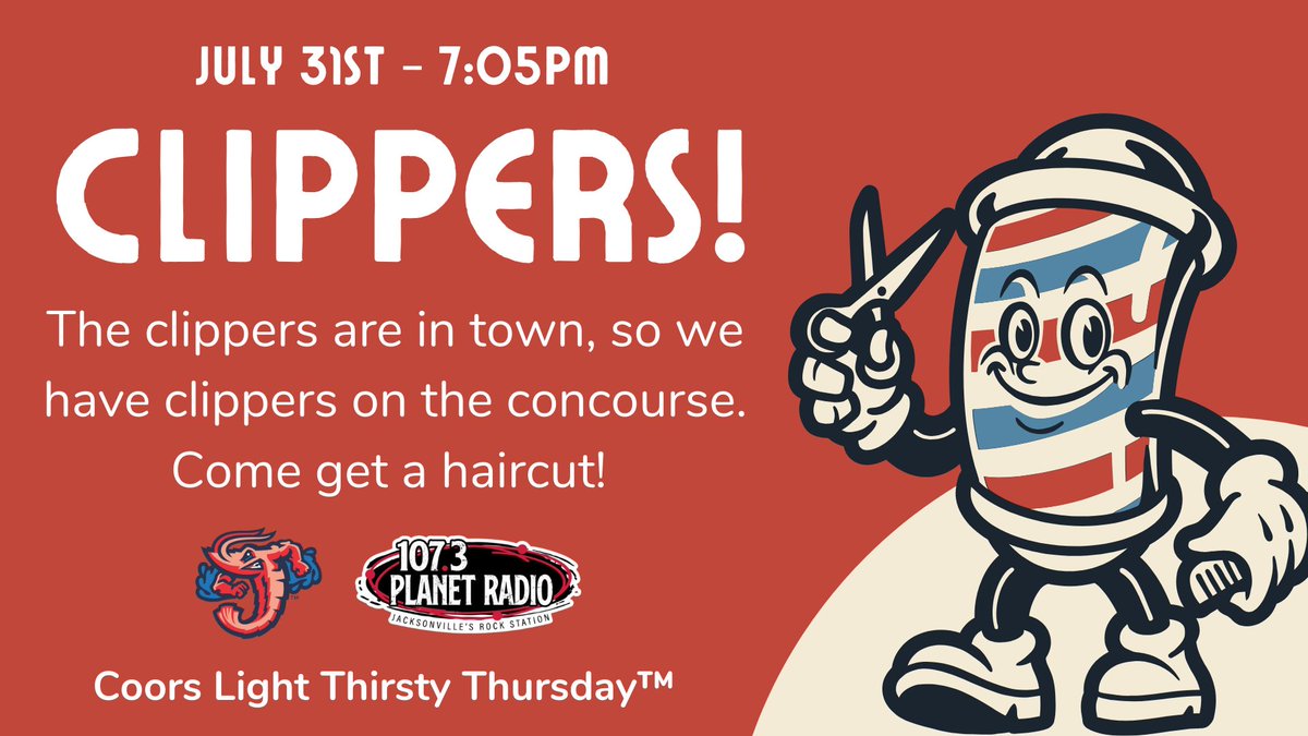 larumba1069's tweet photo. Join us for Jumbo Shrimp Baseball, July 31, 2025Thursday home games are the best happy hour on the First Coast. Fans can purchase $2 (16-oz. drafts) and $3 (24-oz. drafts) at various locations throughout the ballpark. The clippers are in town so we have clippers on the concourse. https://t.co/nMwZ2dEbsb