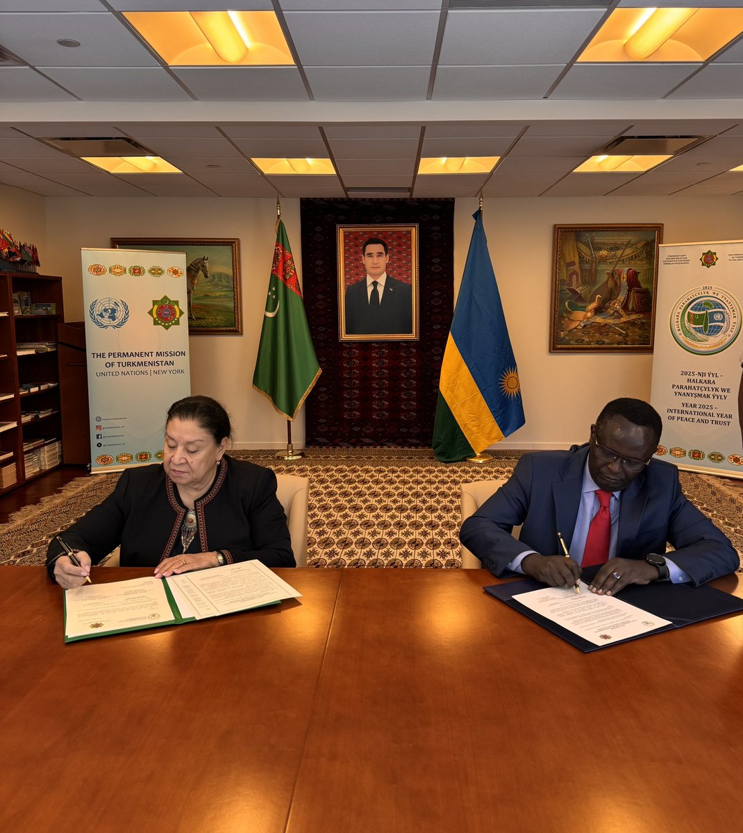 RwandaUN's tweet image. Today, Amb. @martin_ngoga and Amb. Aksoltan Ataeva signed a #JointCommuniqué establishing diplomatic relations between #Rwanda 🇷🇼 and #Turkmenistan 🇹🇲.