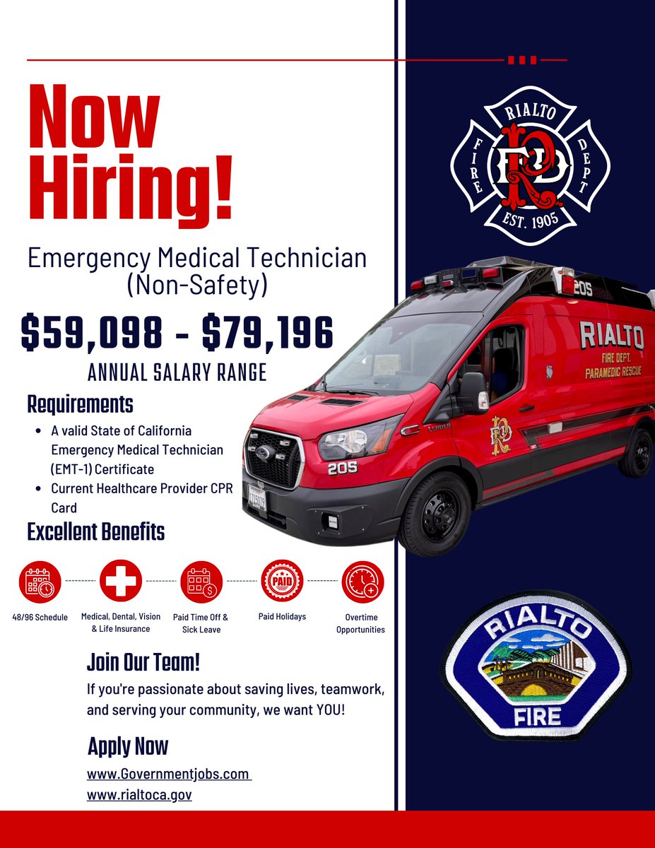 🚨 NOW HIRING: EMT (Non-Safety) 🚨

Want to launch your fire service career or run 911 EMS calls? This is your shot.

Join the Ambulance Operator Program:
📍 Work in a fire station
👨‍🚒 Learn from real firefighters
🔥 Gain frontline EMS experience

Governmentjobs.com
