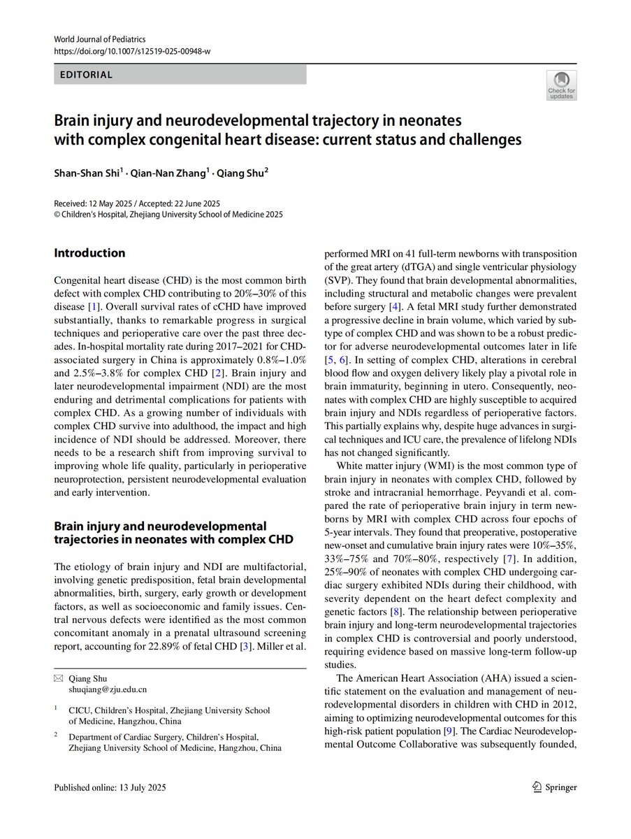 World_J_Pediatr's tweet image. Neonates with complex congenital heart disease face high risks of brain injury and neurodevelopmental impairment, demanding early and sustained intervention.
#Meded #SoMe4PedSurg #Pediatrics #CongenitalHeartDisease #Neurodevelopment #BrainInjury #TIC2025
link.springer.com/article/10.100…