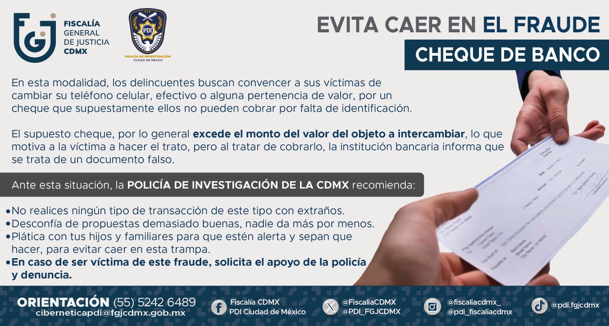 Para evitar caer en el fraude de cheque de   banco, la #PDI te ofrece algunas recomendaciones: