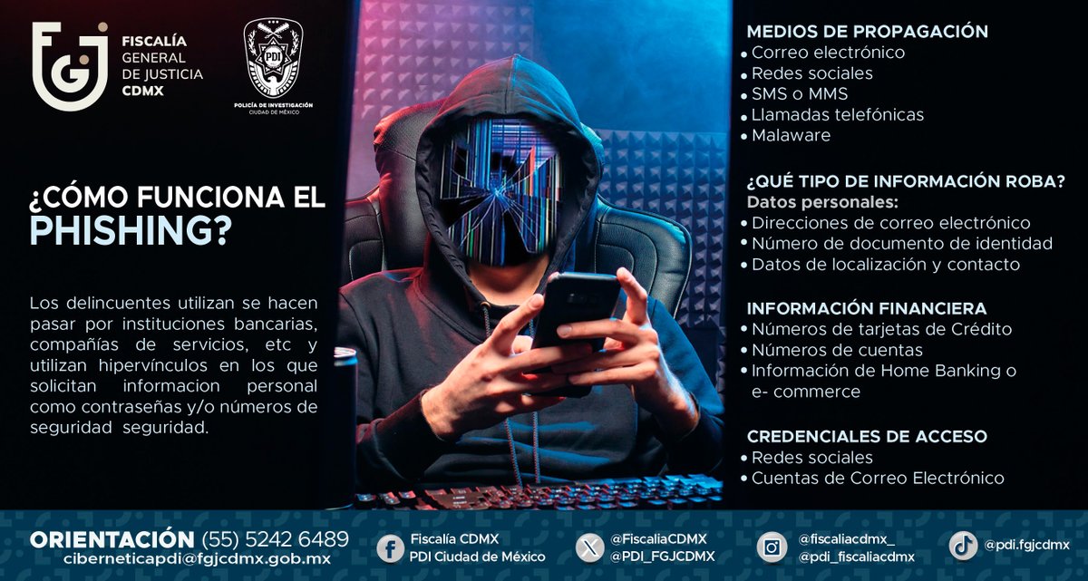 El #Phishing recopila datos personales y   bancarios mediante mensajería electrónica, sitios web o llamadas telefónicas   utilizando la imagen de una institución financiera o página oficial.   Identifica y no olvides realizar tú #Denuncia #CibernéticaPDI #PolicíaCibernéticaPDI