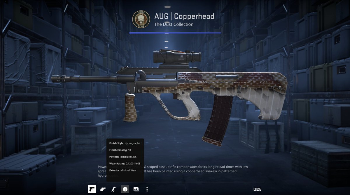 New Aug just landed in my inventory. The #1 Lowest Copperhead by a 0, the OG skin with the most fkd up float caps. This is my first pickup in a while, thanks <a href="/Drututt/">Maks Przychodzień</a>