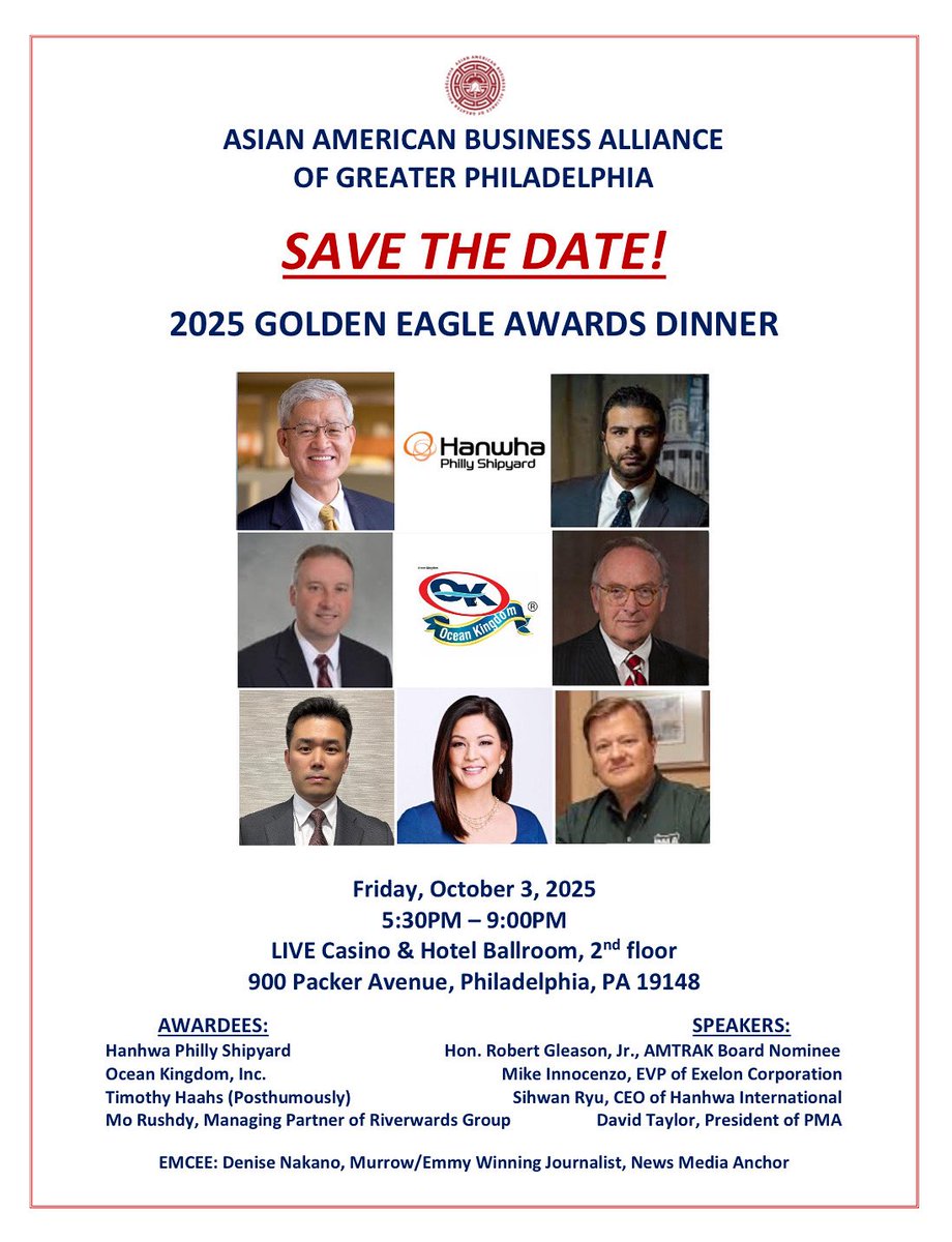 Join us on Friday, 10/3/25, for <a href="/AABAGP/">AABAGP</a>’s Awards Dinner at <a href="/LiveCasinoPHL/">Live! Casino & Hotel Philadelphia</a>. Congratulations to our outstanding awardees and guest speakers. Our Emcee will be <a href="/NakanoDenise/">Denise Nakano</a> of <a href="/KYWNewsradio/">KYW Newsradio - NOW ON 103.9 FM!</a>.