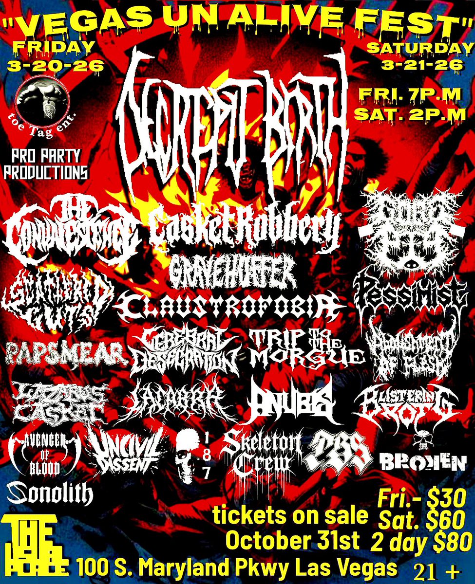 Casket Robbery (@casketrobbery) on Twitter photo Just announced!!! VEGAS UNALIVE FEST ft. <a href="/decrepitbirth/">Decrepit Birth</a> , <a href="/CasketRobbery/">Casket Robbery</a> , <a href="/GorepigOfficial/">Gorepig</a> , <a href="/TCONband/">THE CONVALESCENCE</a> , Claustrofobia, <a href="/Gravehuffer/">Gravehuffer band</a> and more!! March 2026 Just announced!!! VEGAS UNALIVE FEST ft. <a href="/decrepitbirth/">Decrepit Birth</a> , <a href="/CasketRobbery/">Casket Robbery</a> , <a href="/GorepigOfficial/">Gorepig</a> , <a href="/TCONband/">THE CONVALESCENCE</a> , Claustrofobia, <a href="/Gravehuffer/">Gravehuffer band</a> and more!! March 2026