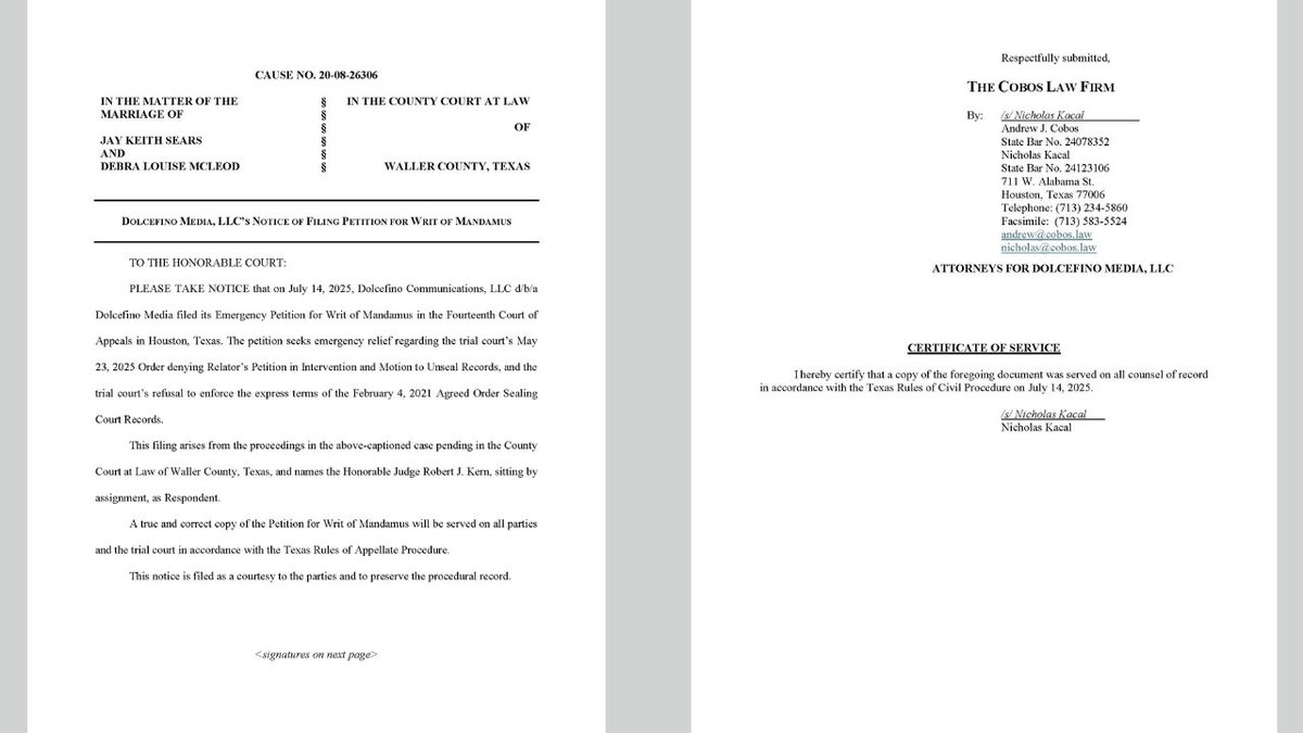 WayneDolcefino's tweet image. Dolcefino Media, LLC's Notice of Filing Petition for Writing of Mandamus
