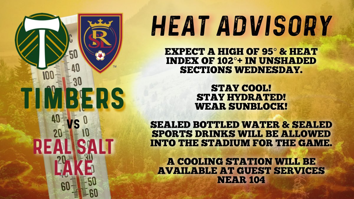 ☀️ ⚠️HEAT ADVISORY⚠️ ☀️ 

Wednesday’s forecasted high is 95° w/ a heat index of 102°+ in unshaded sections.

Sealed sports drinks &amp; bottled water will be allowed into the stadium. A cooling center is also available @ guest services.

Come hydrated, stay hydrated!
#PORvRSL #RCTID