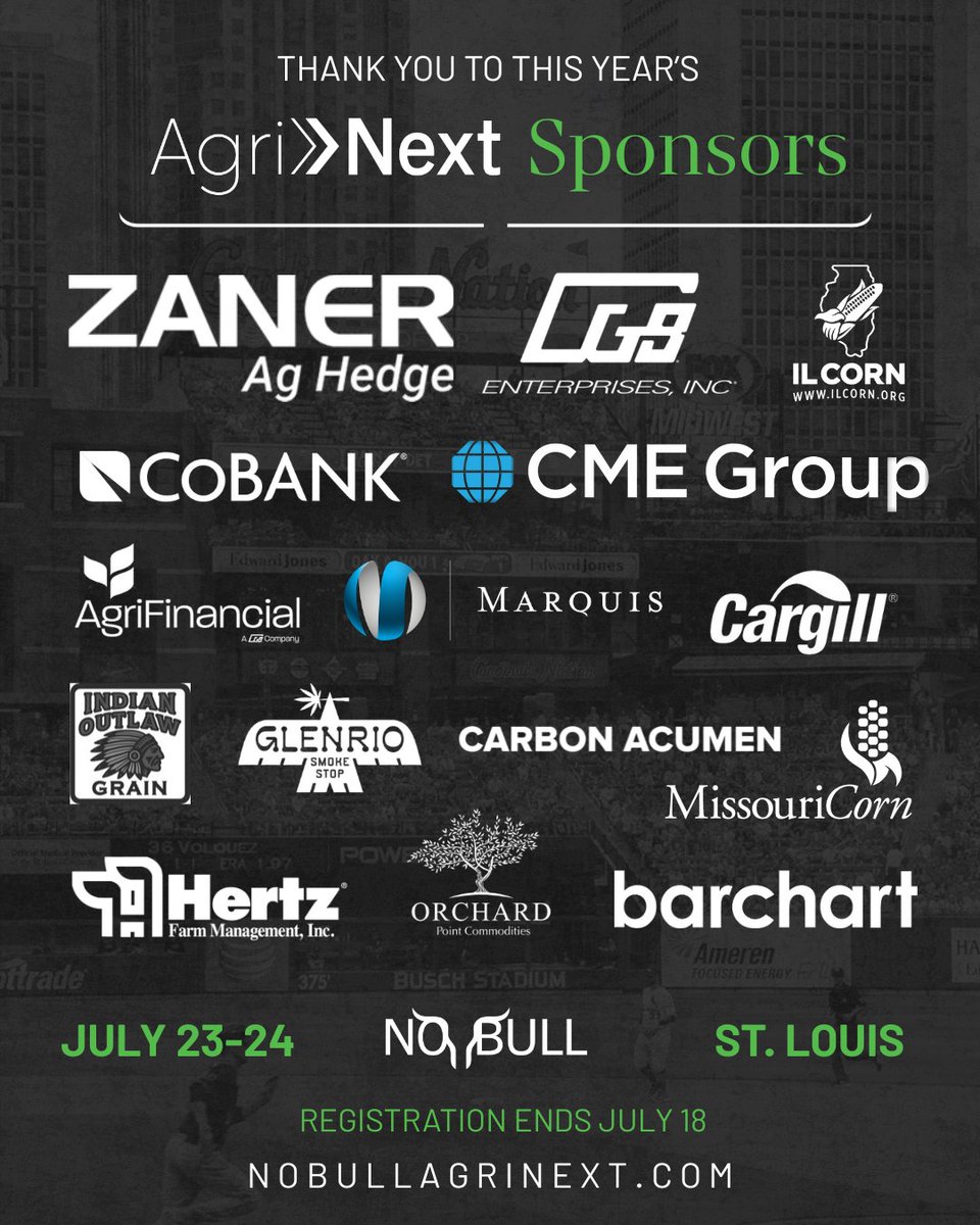 NoBullAgriNext's tweet photo. A HUGE No Bull AgriNext THANK YOU to this year's sponsors!

@ZanerAgHedge @CGBEnterprises @ilcorn @MissouriCorn @CoBank @CMEGroup @CGBAGFI @MarquisEnergy @Cargill @CarbonAcumen @HertzAgLand @Barchart @lance_ollinger &amp; Orchard Point

Last week to register - https://t.co/ivqssCKuh8 https://t.co/ieg2zGJCmG