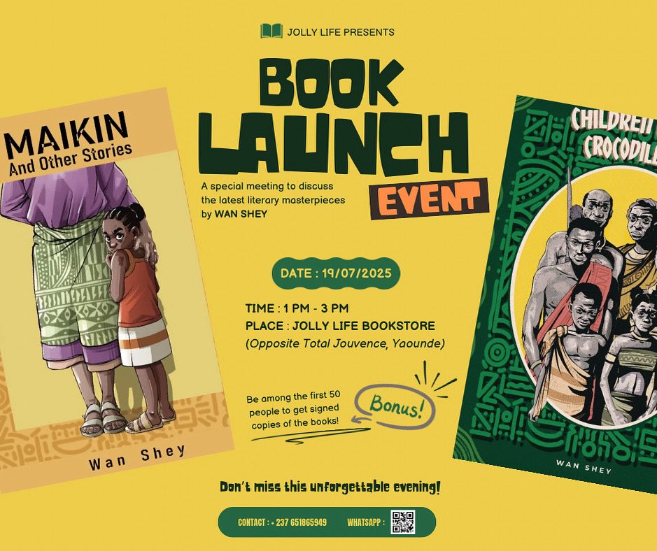 Hello Tribesmen, 

Please join me in Yaounde this Saturday for the official launch of our books ; 
“Maikin” and “Children of the crocodile egg”. 

This is an opportunity for me to meet &amp; talk about our book culture, share stories as one big storytelling family.

FREE ENTRY