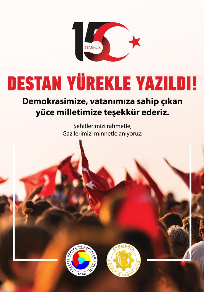 Şanlı direnişin dokuzuncu yılında; millet iradesine, vatanımıza ve bayrağımıza sahip çıkmanın onurunu yaşıyoruz.

15 Temmuz 2016’da demokrasimize kasteden hain darbe girişimi, milletimizin sarsılmaz iradesi ve ortak duruşuyla bertaraf edilmiştir.

Bu vesileyle; vatan uğruna