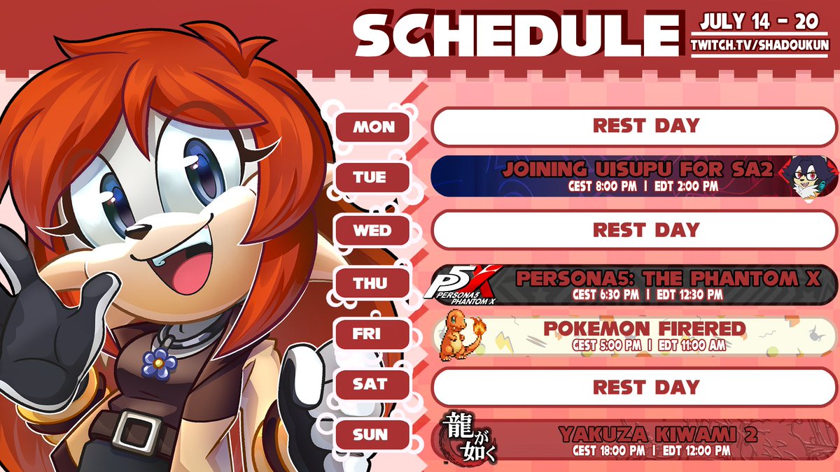 ShadoukunYT's tweet image. 🦭STREAM SCHEDULE
Here's the new schedule for this week! Hope you all are enjoying summer. Make sure to stay hydrated!
#sonicoc #Sega #Yakuza #Pokemon #Vtuber #persona5X #SonicTheHedgehog